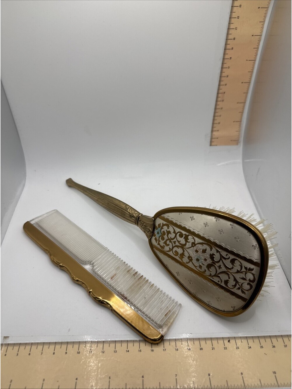 Vintage Ornate Vanity Set Hair Brush & Comb (Gemlite) Gold Floral Home Decor